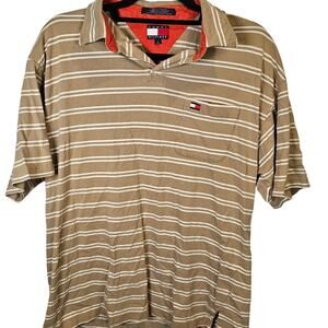 Vintage 90's Tommy Hilfiger Striped Polo Shirt Brown Tan Logo Size Large Y2K